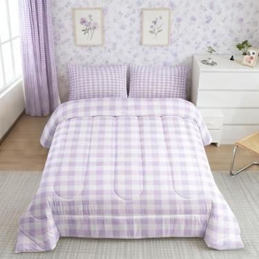 Imagem de Castle Fairy Conjunto de cama boêmio, tamanho queen, geométrico, guingão, para decoração de quarto de crianças e adolescentes, moderno, xadrez, poliéster macio, edredom roxo claro, 2 fronhas