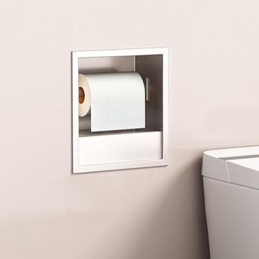 Imagem de uhyOHF Organizador de nicho de chuveiro de aço inoxidável, prateleira de banheiro montada na parede com suporte de papel higiênico integrado e lixeira ideal para cozinha, sala de estar, hotel e