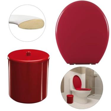 Imagem de Assento Vaso Sanitário Oval Almofadado Vermelho + Lixeira Vermelha 6L Redondo Com Tampa