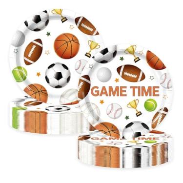 Imagem de LYFREE 50 peças de pratos de papel esportivo de aniversário, 18 cm, suprimentos de festa, sobremesa, descartáveis, decoração, futebol, beisebol, basquete, golfe, pratos para meninos, adultos