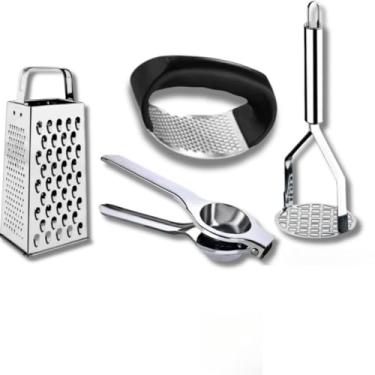 Imagem de Kit 5 Peças Inox Cozinha | Amassador Batata e Alho, Descascador, Espremedor Limão e Ralador 4 Faces(KIT 4 PEÇAS RALADOR)