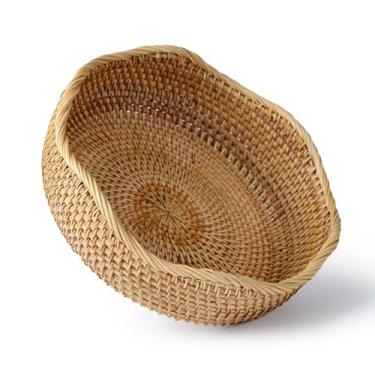 Imagem de YANGQIHOME Cesta de pão de vime, cestas de frutas redondas, tigelas de armazenamento de vime recortado, tigelas de cesta de servir de tecido natural, cestas decorativas para organizar balcão de