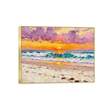 Imagem de BMZFYBS Quadro dourado arte de parede paisagem impressões em tela - mar praia nuvens pôr do sol pintura decoração - imagens para quarto 50 x 65 cm 20 x 26 pol