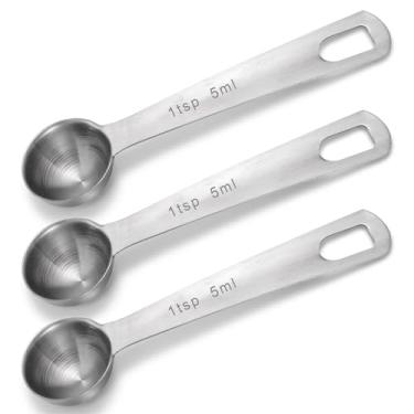 Imagem de 3 colheres medidoras, colheres de mesa de aço inoxidável, colheres de medição, 1 colher de chá, colher de chá de metal, colher de café para medição precisa, ingredientes líquidos para sopa, cozinhar