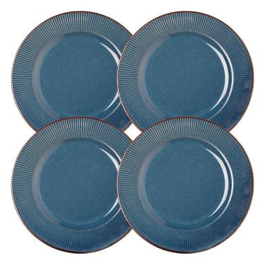 Imagem de Jogo 4 Prato Raso De Jantar Ceramica Azul Linear Rústico 27cm Lyor