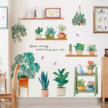Imagem de Adesivos de parede: plantas verdes, desenhos animados, plantas em vaso