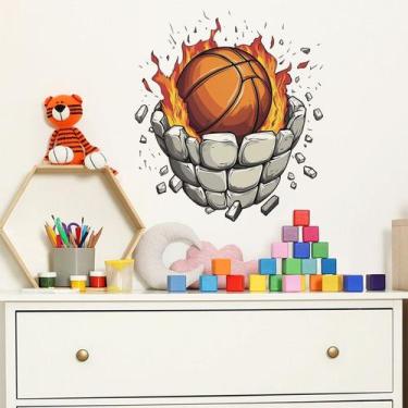 Imagem de Adesivos de parede 3D Basketball Flame Design com pedra rachada - yiwe
