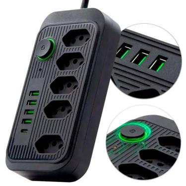 Imagem de Filtro de Linha DPS Regua De Energia Com 4 USB + 1 Tipo C 5 Tomadas 3P Bivolt C/ Protetor Descarga de Energia Cabo 2m