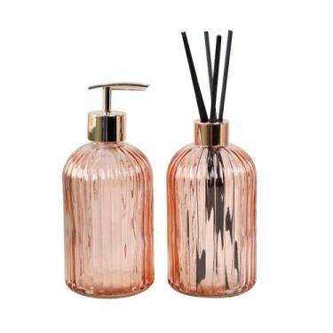 Imagem de Kit difusor com porta sabonete liquido de vidro em alto relêvo 400ml -