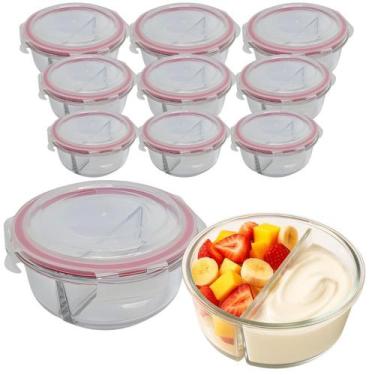 Imagem de Kit 12 Pote De Vidro Tampa Hermético Redondo Com Divisória Marmita Fit