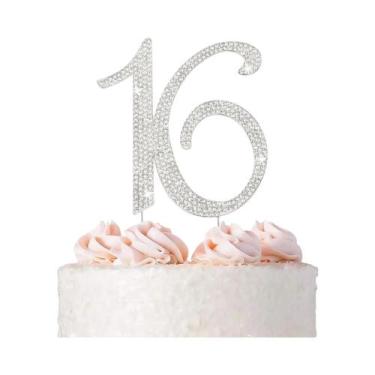 Imagem de Topo De Bolo De Metal Prateado Com Strass 16, Decoração Brilhante Para