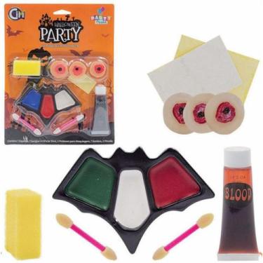 Imagem de Kit Maquiagem Halloween 3 Machucados Paleta Morcego e Sangue Falso - C