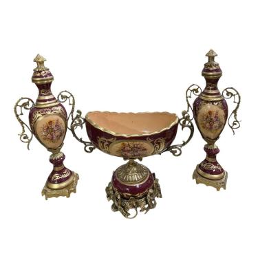 Imagem de Jogo de Porcelanas Ânfora + Centro de Mesa Vermelho e Dourado Pintados à Mão 47x20x12 e 32x36x20cm