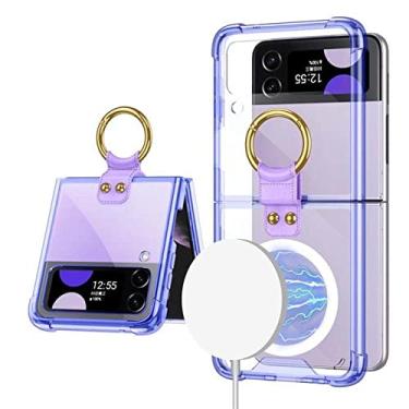 Imagem de estojo magnético de carregamento sem fio para Samsung Z Flip 4 Suporte de anel transparente Capa rígida para Samsung Z Flip 3 5G, roxo, para Samsung Z Flip 3