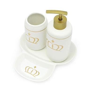 Imagem de Kit Banheiro Lavabo 3 Peças Branco Porcelana Coroa Dourada