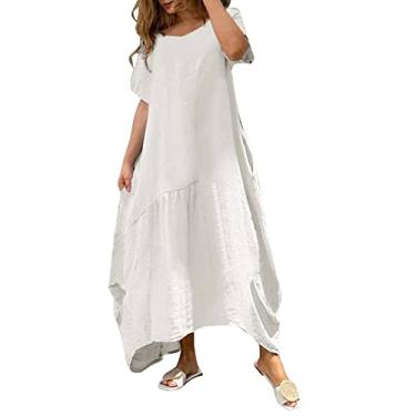 Imagem de UIFLQXX Vestidos de verão para mulheres e mulheres vestido de gola redonda casual manga longa vestido solto cor sólida vestido longo, Branco, P