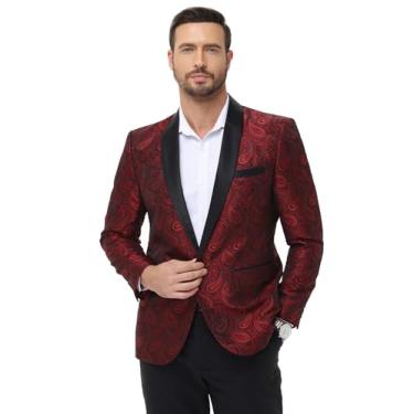 Imagem de EliteSpirit Jaqueta masculina de smoking, xale, lapela, paisley, blazer de um botão, blazer floral para casamento, jantar, festa, formatura, Vermelho, XX-Large