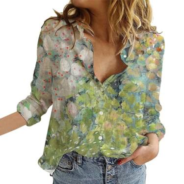 Imagem de Camisa feminina de botão 2024 verão estampa floral lisa camiseta casual manga longa túnica de trabalho solta gola V, Za-verde, G