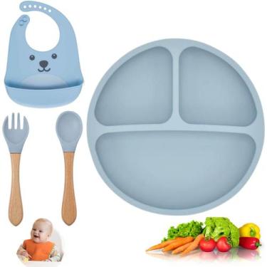 Imagem de Kit alimentar prato de silicone c/ ventosa babador e colher - Buba, Az
