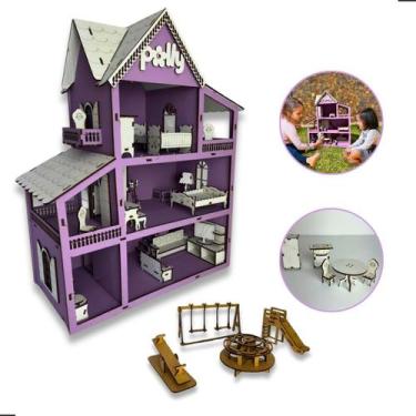 Imagem de Casinha De Boneca Brinquedo Infantil Em Mdf Lilas 19 Mini Moveis - Gru