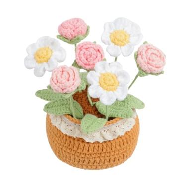 Imagem de Vaso de flores de crochê completo com vaso requintado feito à mão de rosas e margaridas, flores de crochê rosa, presente para festa, férias, casa, escritório, mesa, decoração