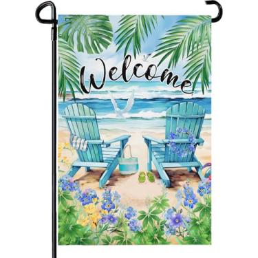 Imagem de Bandeira de jardim de boas-vindas de verão praia náutica Havaí coqueiro bandeiras de jardim dupla face 30 x 45 bandeiras de quintal tropical costeiro para palmeiras externas pequena bandeira decoração