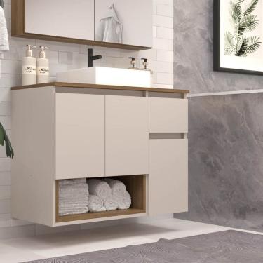 Imagem de Gabinete Banheiro Suspenso 80cm Aurora com 03 Portas 01 Gaveta e Nicho com Cuba Mel/Arenas