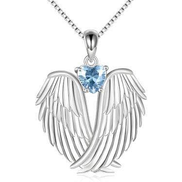 Imagem de Dtexhif Colar de asas de anjo, banhado a prata, pingente de asas de anjo da guarda, colar de pedra do mês de nascimento para mulheres, Moderate type, Metal, Sem Pedra Preciosa