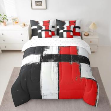 Imagem de Feelyou Conjunto de edredom com estampa de arte abstrata moderna, vermelho, preto, branco, tamanho king, 7 peças, geométrico, abstrato, para crianças, meninos, meninas, macio