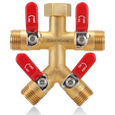 Imagem de ZaaKWang Divisor de mangueira de jardim, torneira externa de fluxo total de 4 vias, coletor de mangueira de latão resistente com cabo longo vermelho, adaptador de torneira de alto fluxo, 3/4 polegadas