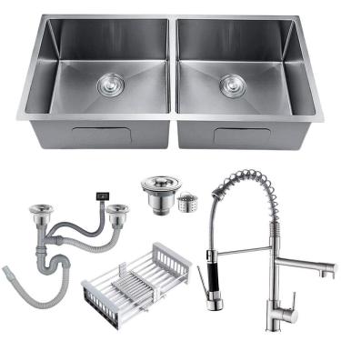 Imagem de Cuba Dupla Inox Prata Inox 75X41 + Torneira Monocomando Luxo