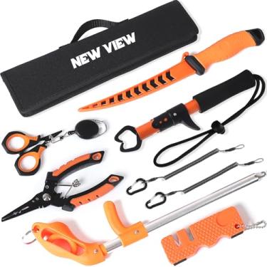 Imagem de NEW VIEW Kit de ferramentas de pesca profissional de 9 peças e 10 peças - Conjunto de ferramentas de pesca de água salgada e gelo - Alicate de pesca resistente à corrosão, kit de garra e tesoura com