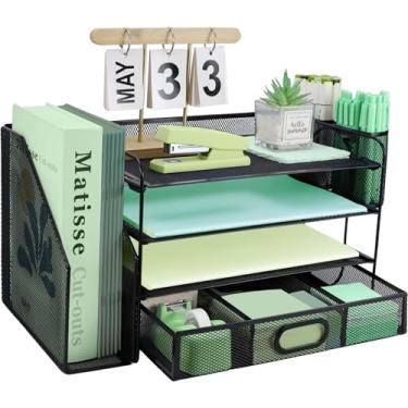 Imagem de Organizador de arquivos de mesa de 4 camadas com classificador de arquivos extra vertical, bandeja de papel com suporte de gaveta de papelaria, bandejas de arquivo de mesa de papel A4, suporte de