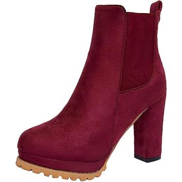 Imagem de Botas femininas de cano baixo, bico redondo, salto alto, botas curtas com elástico de camurça, botas grossas, botas quentes, Branco, marrom, 37 BR