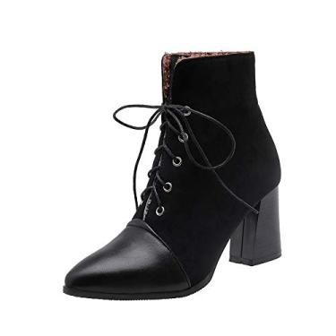 Imagem de Bigfanshu Botas femininas de cano curto e botas 2019 outono e inverno novas tiras cruzadas pontiagudas com salto alto Wobooties, Preto, 44 M EU