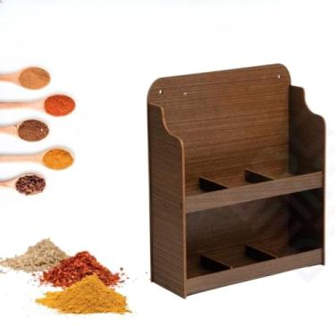 Imagem de Prateleira Porta Condimentos Suporte Em Madeira Porta Tempero de Parede 12 Potes de Plástico(PEQUENO (SEM 6 POTES) Marrom)