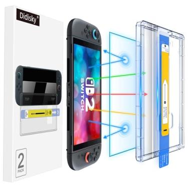 Imagem de Didisky Pacote com 2 protetores de tela de alinhamento automático OneTouch para Nintendo Switch 2 antiluz azul, vidro temperado 2025, acessórios, sem bolhas, antiarranhões, sensível ao toque