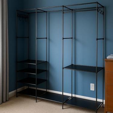 Imagem de Arara tripla Guarda-Roupa Portátil com Cabideiro e Prateleiras em Aço com Montagem Fácil