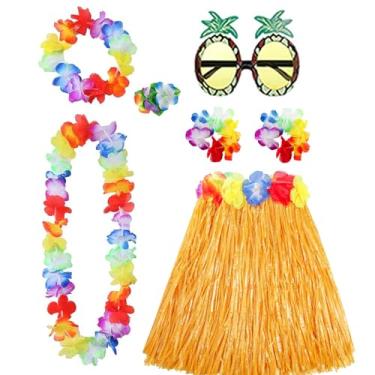 Imagem de PHOGARY Saia Hula Saia Grama para Adulto, Fantasia Havaiana para Mulheres, Roupa Havaiana Festa Luau, Colar de Flores Lei Acessórios Luau para Mulheres Fantasia de Abacaxi, Ouro 80 CM