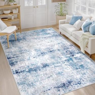 Imagem de Tapetes laváveis para sala de estar 15 x 23 cm: Tapete abstrato neutro, macio, antiderrapante, tapete baixo para quarto, berçário, sala de jantar, escritório, sala de jogos (azul, 1,8 x 2,5 m)