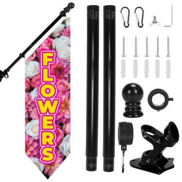 Imagem de Kit de bandeira de flores de fazenda com mastro – 106,7 x 30,5 cm Faixa externa de lona resistente dupla face para suporte de mercado de flores, placa de loja, decoração de barraca comercial (rosa)