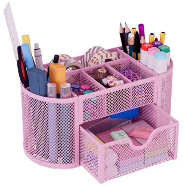 Imagem de Organizador de mesa EasyPAG de tela com 9 compartimentos para lápis de armazenamento com gaveta para papel e materiais de escritório, rosa