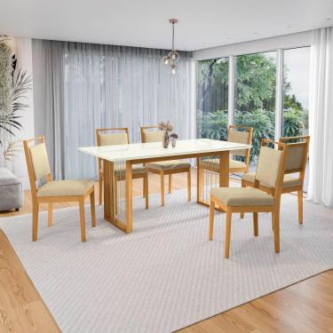 Imagem de Conjunto Sala De Jantar Lina Em Madeira Maciça 6 Cadeiras Boucle Bege
