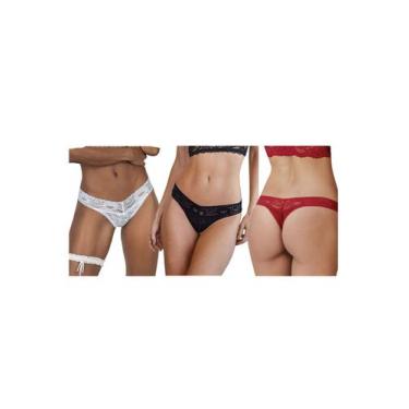 Imagem de Kit C/ 3 Calcinha Fio Dental DeMillus Rendada 016198., Branco, Preto, 