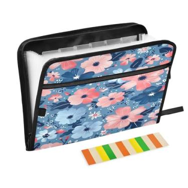 Imagem de Wassud Pasta organizadora de arquivos de papel A4 com estampa de acordeão de flor azul com etiquetas pasta de arquivo expansível com 13 bolsos