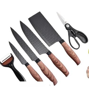 Imagem de Kit 6 Peças Conjunto de Faca Churrasco Carne Legumes Descascador Tesoura Profissional. (Preto)