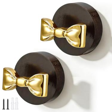 Imagem de Otoolling 2 ganchos de parede com laço e laço modernos ganchos de chapéu dourados ganchos de metal e cabides de base de madeira para quarto, banheiro, casaco, toalha