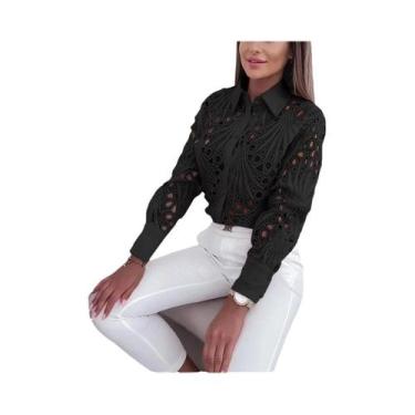 Imagem de Blusa Feminina Casual De Manga Comprida Com Botões, Gola E Frente Aber