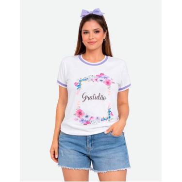 Imagem de Camiseta Feminina Básica Estampada Aplicação 3D Gratidão - 424, Gg