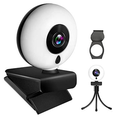 Imagem de Webcam 2K HD com microfone, anel de luz LED, capa de privacidade, tripé flexível, câmera de transmissão de foco automático FAMOO para PC, laptop, câmera USB para computador plug and play, câmera web para zoom, Skype